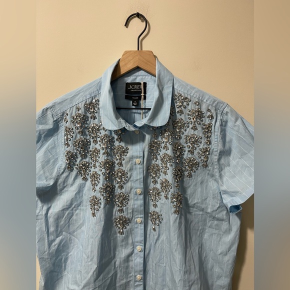 NWT J. Crew Collection Baby Blue White Pinstripe Embellished Crop Shirt Size 16 - Picture 7 of 11